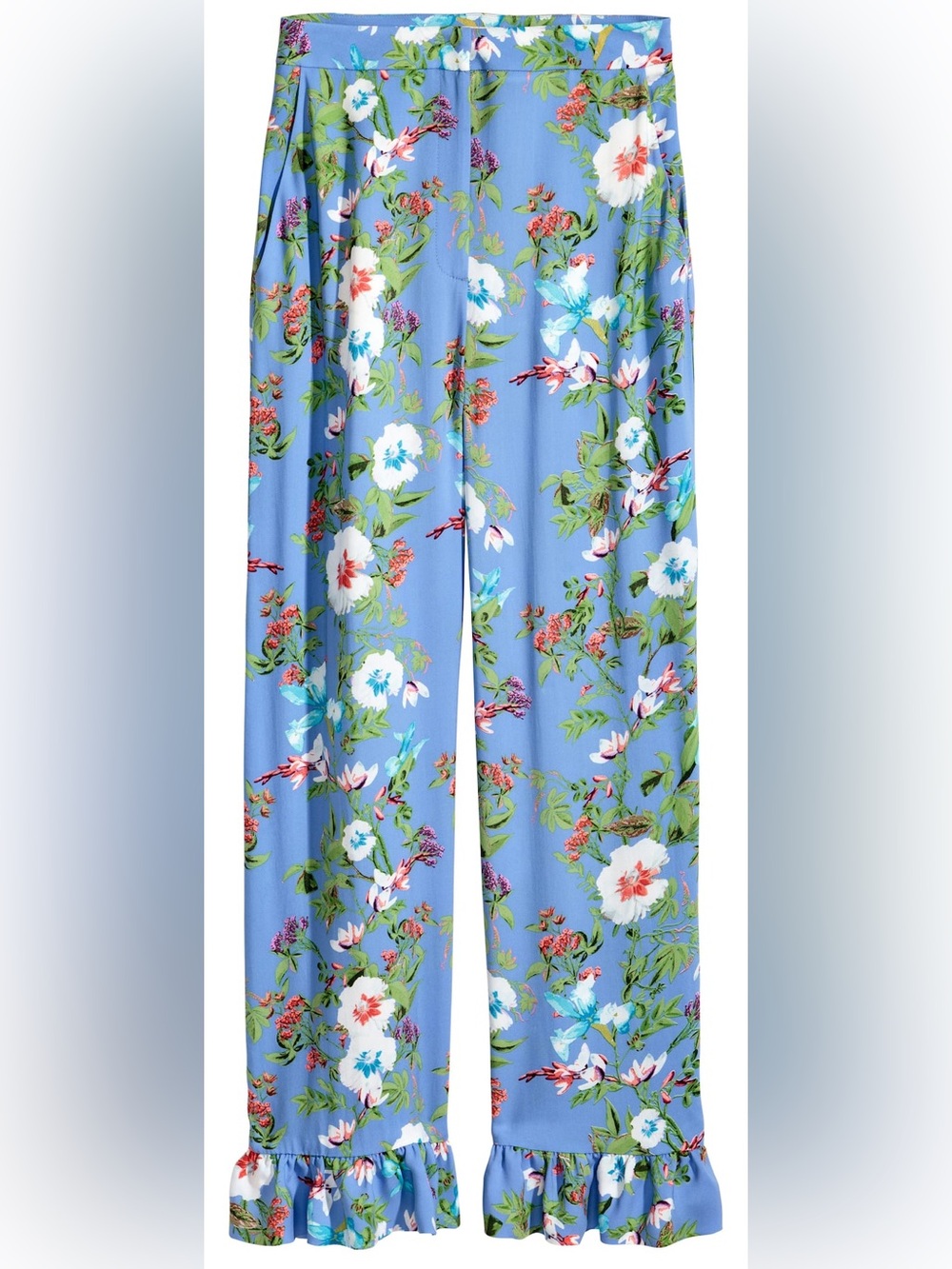 H&M Periwinkle Blue Floral Print Wide Leg High Waist Ruffle Trousers (Size 2)